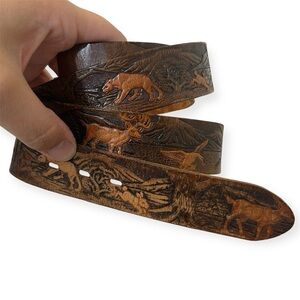 Handmade Deer Wildlife Embossed Cowboy Tooled Brown Leather Belt Without Buckle
